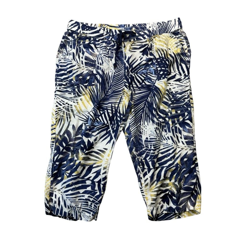 Coral Bay Womens Pants PL Petite Large Blue Leaf Print Linen Cropped Capri